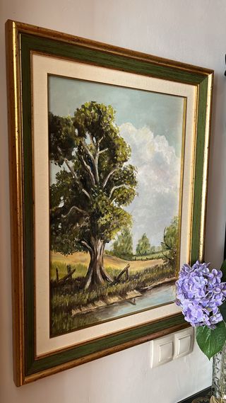 Cuadro grande antiguo paisaje río y árbol