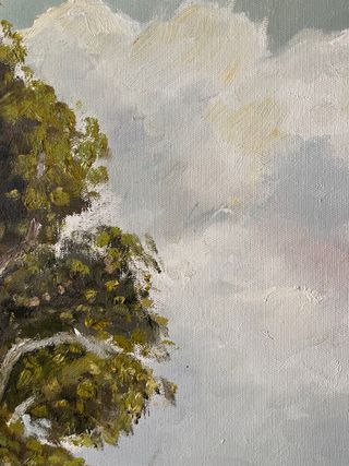 Cuadro grande antiguo paisaje río y árbol