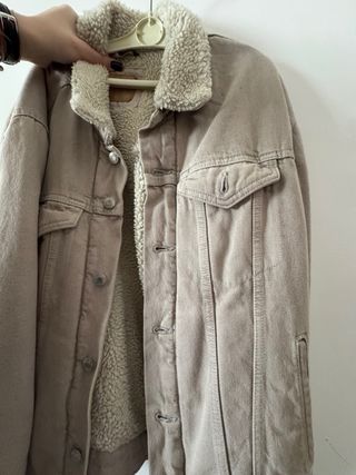 Giacca denim foderata in pelliccia beige