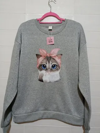 Sudadera gris con estampado de gatito