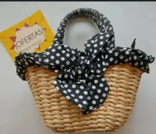 Bolso Cesta Mimbre con Pañuelo Lunares