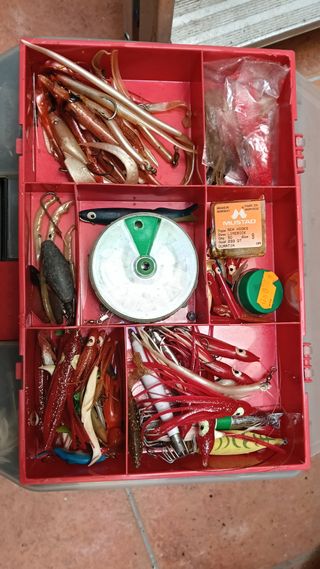 Scatola da pesca con mulinelli e esche