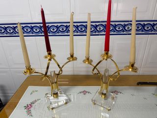 Reloj y 2 Candelabros Metacrilato y Metal Dorado
