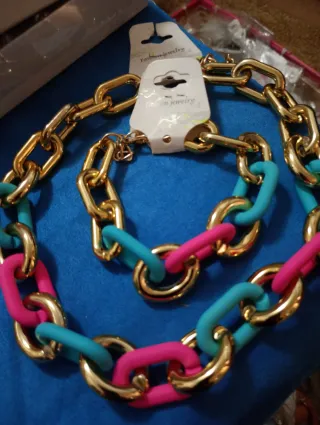 Collana e bracciale Chunky Oro Rosa Blu Teal