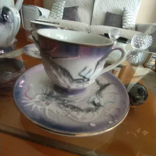 Juego de café dragón azul y dorado