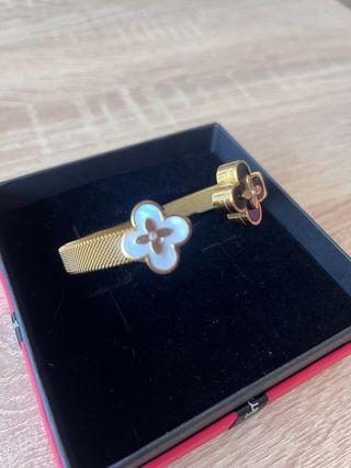 Pulsera Acero Inoxidable Flor Dorada Blanco/negro