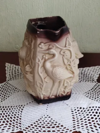 Jarra cerámica pájaros beige y marrón