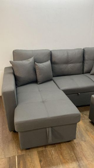 Sofá cama moderno con almacenamiento y puff - Beige y gris