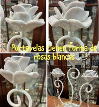Candelabro de hierro blanco con rosas y cristal