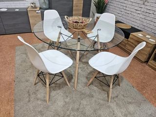 Mesa redonda cristal 100cm y 4 sillas nórdicas
