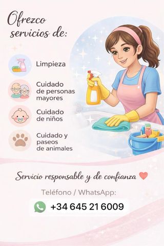 Limpieza, cuidado de niños e mayores, animales