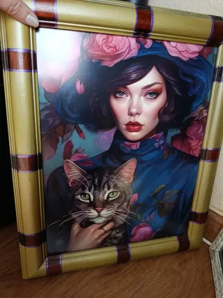 Cuadro Dorado Mujer y Gato