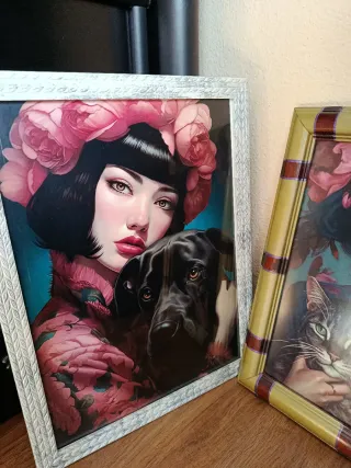 Cuadro Dorado Mujer y Gato