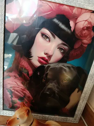 Cuadro Dorado Mujer y Gato