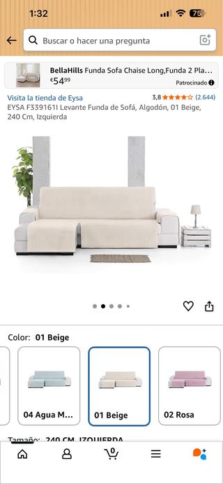 Funda sofá chaise longue algodón beige