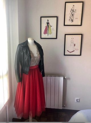 Vestido fiesta Silvia Navarro Beige y Rojo