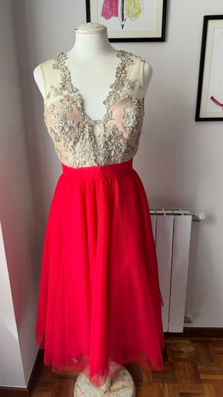 Vestido fiesta Silvia Navarro Beige y Rojo