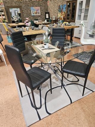 Mesa cristal 120cm + 4 sillas negras
