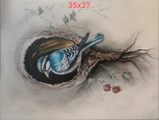 Cuadro óleo sobre lienzo. Pájaro azul nido 35x27.