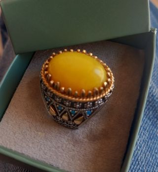 Anillo Árabe Plata Hombre Ágata Amarilla talla 9US