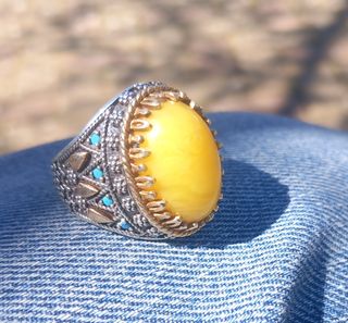 Anillo Árabe Plata Hombre Ágata Amarilla talla 9US