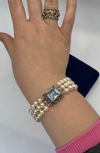 Bracciale perle acquamarina Art Déco oro bianco