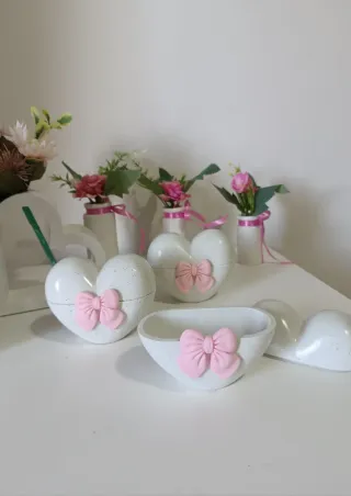 Set 3 Cofanetti Cuore Decorati Fiocco Rosa