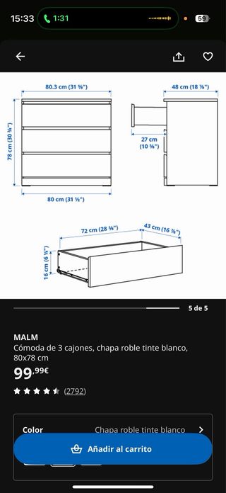 Cómoda de 3 cajones de madera IKEA