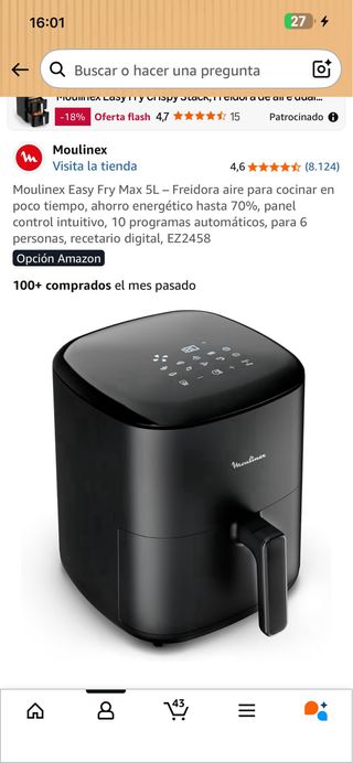 Air Fryer Moulinex Negra capacidad de 5 litros