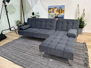 Sofá-cama chaise-longue gris terciopelo