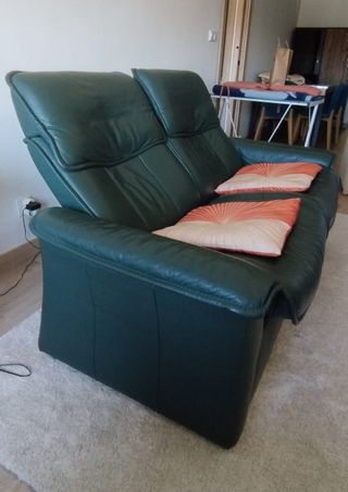 Sofá de cuero verde oscuro de dos módulos