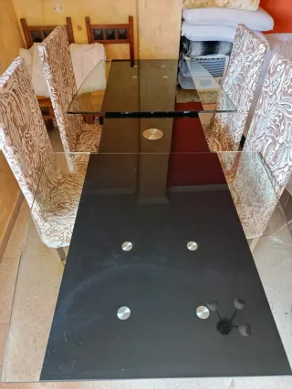 Mesa comedor cristal y mármol negro