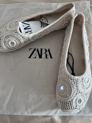 Manoletinas Zara Beige Crochet con Pedrería
