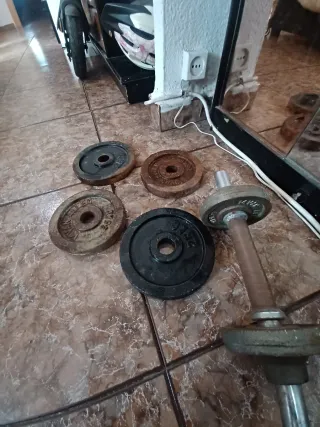 4 discos de pesa 2.5 kg + Mancuerna