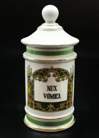Albarero antiguo de farmacia y cerámica Nux Vómica