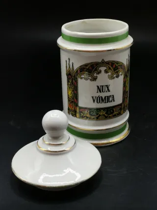 Albarero antiguo de farmacia y cerámica Nux Vómica