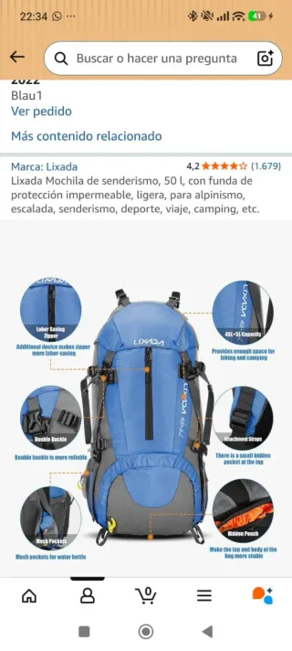 Mochila Senderismo Lixada 50L Azul/Gris