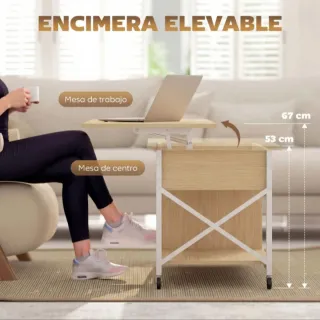 Mesa de centro elevable con almacenaje y ruedas