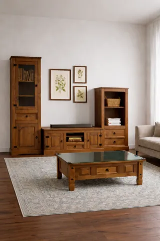 Conjunto Salón Rústico + Mesa Centro Cristal