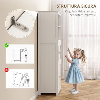 Mobile Dispensa con 2 Ripiani Aperti e 2 Armadietti con Porte, Credenza da Cucina in MDF e Vetro Temperato, 60x30x162 cm, Bianco