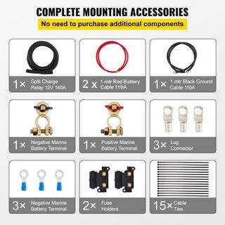 Kit de Relé de Carga Dividida, 2m 12V, Kit de Aislador de Doble Batería Automático con Relé de Sensado de Voltaje VSR de 140AMP, Compatible con RV, Mar, Coche, Vehículo, Camión, Caravana, Campista...