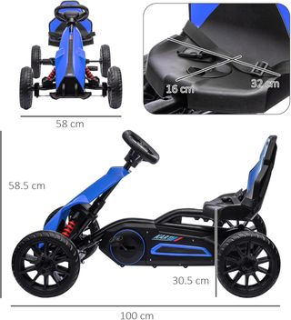 Go Kart a Pedales para Niños de 3 a 8 Años con Asiento Regulable en 4 Posiciones y Ruedas de EVA, 100X58X58.5 Cm, Azul y Negro