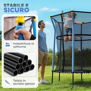 Trampolín Elástico para Niños de 3-10 Años con Entrada con Cremallera y Postes Acolchados, Tapete Elástico de Acero, PP y EPE, Ø163.5X163.5/190 Cm