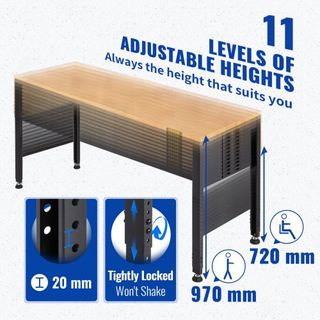 Banco de Trabajo Ajustable en Altura, 183 x 64 cm Mesa de Garaje con Alturas de 72 – 97 cm y Capacidad de Carga de 900KG, con Salidas de Energía y Superficie de Madera Dura y Marco de Metal y Pata...