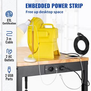 Banco de Trabajo Ajustable en Altura, 183 x 64 cm Mesa de Garaje con Alturas de 72 – 97 cm y Capacidad de Carga de 900KG, con Salidas de Energía y Superficie de Madera Dura y Marco de Metal y Pata...