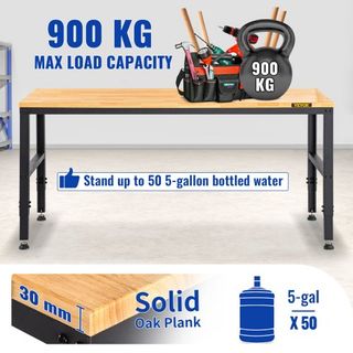 Banco de Trabajo Ajustable en Altura, 183 x 64 cm Mesa de Garaje con Alturas de 72 – 97 cm y Capacidad de Carga de 900KG, con Salidas de Energía y Superficie de Madera Dura y Marco de Metal y Pata...