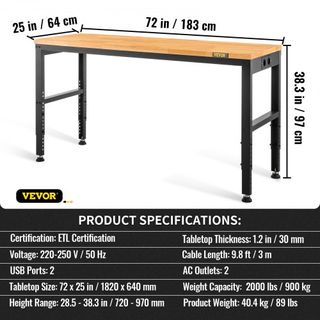Banco de Trabajo Ajustable en Altura, 183 x 64 cm Mesa de Garaje con Alturas de 72 – 97 cm y Capacidad de Carga de 900KG, con Salidas de Energía y Superficie de Madera Dura y Marco de Metal y Pata...