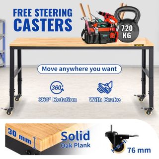 Banco de Trabajo Ajustable en Altura, 155 x 51 cm Mesa de Garaje con Alturas de 80 – 105 cm y Capacidad de 720KG, con Salidas de Energía y Superficie de Madera Dura y Estructura de Metal y Ruedas ...