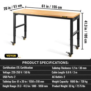 Banco de Trabajo Ajustable en Altura, 155 x 51 cm Mesa de Garaje con Alturas de 80 – 105 cm y Capacidad de 720KG, con Salidas de Energía y Superficie de Madera Dura y Estructura de Metal y Ruedas ...