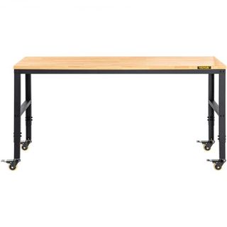 Banco de Trabajo Ajustable en Altura, 155 x 51 cm Mesa de Garaje con Alturas de 80 – 105 cm y Capacidad de 720KG, con Salidas de Energía y Superficie de Madera Dura y Estructura de Metal y Ruedas ...